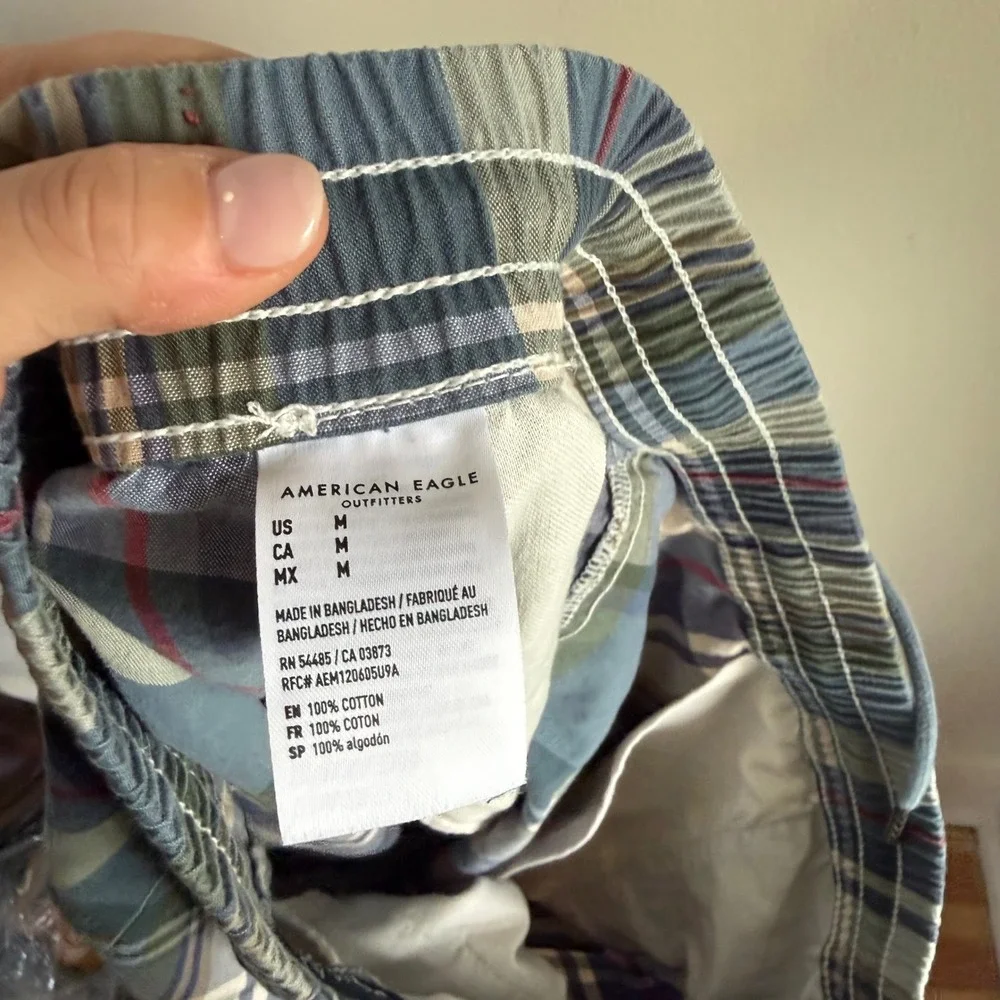 American Eagle‎ Classic Plaid Drawstring Shorts Size M Blue Green